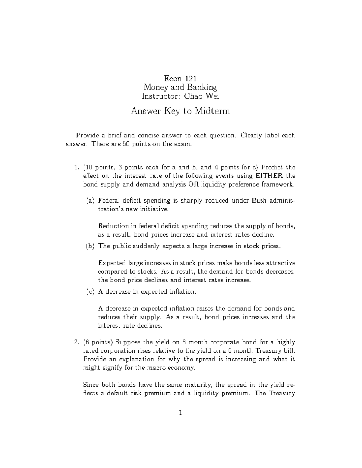 Examples Econ 121 Money and Banking Instructor Chao Wei Answer Key