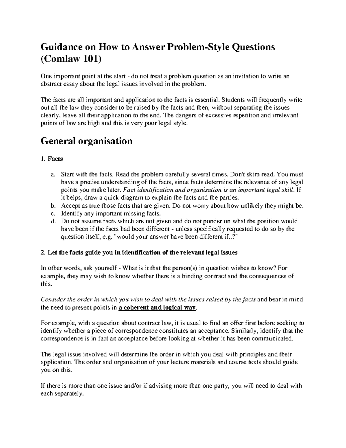 Answer guide comlaw 101 - Guidance on How to Answer Problem-Style ...