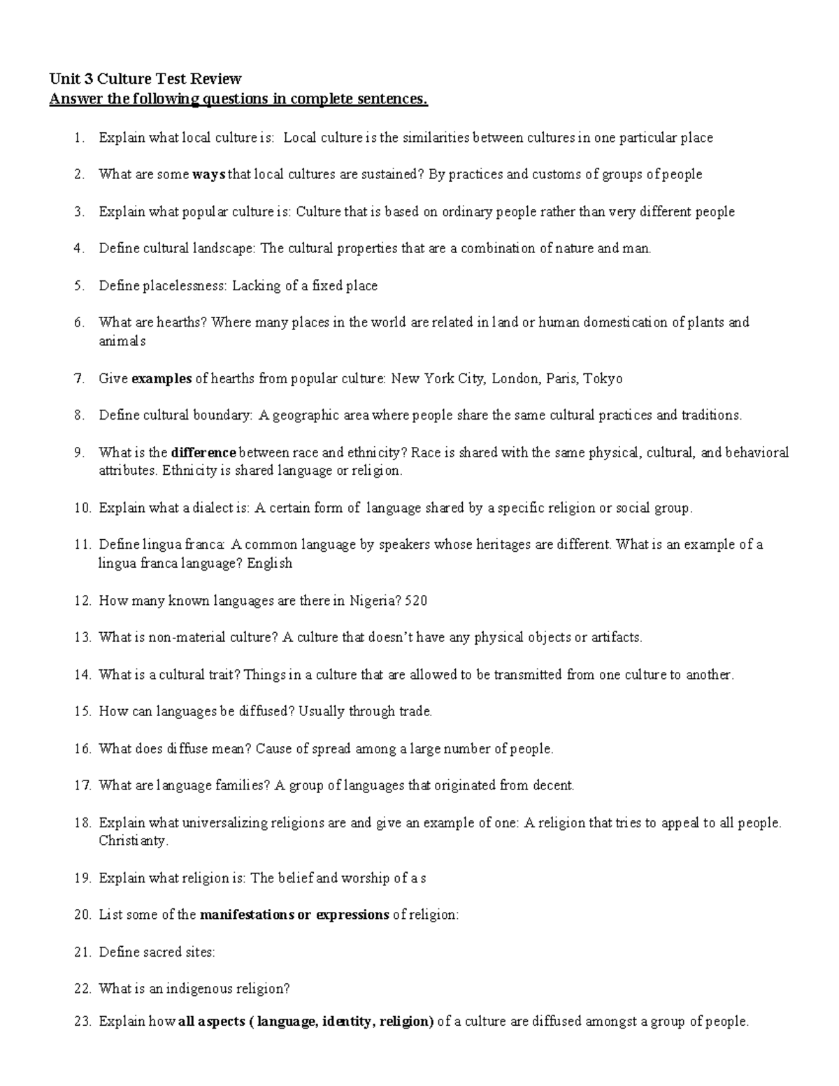 Unit 3 Exam Study Guide Unit 3 Culture Test Review Answer the following questions in complete