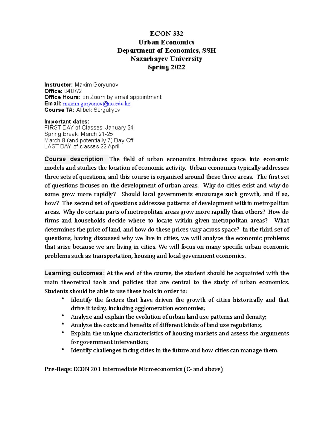 ECON 332 Urban Economics course outline 2022 - ECON 332 Urban Economics ...