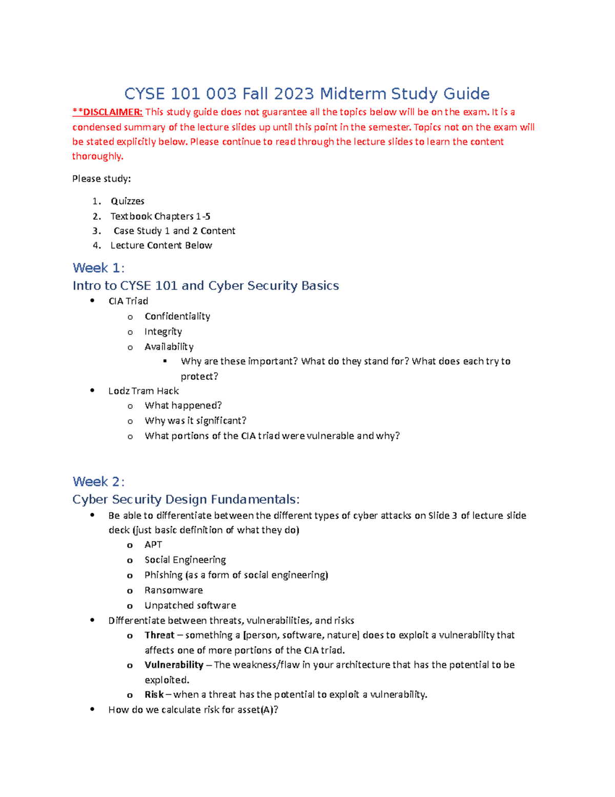 CYSE 101 003 Fall 2023 Midterm Study Guide - CYSE 101 003 Fall 2023 ...