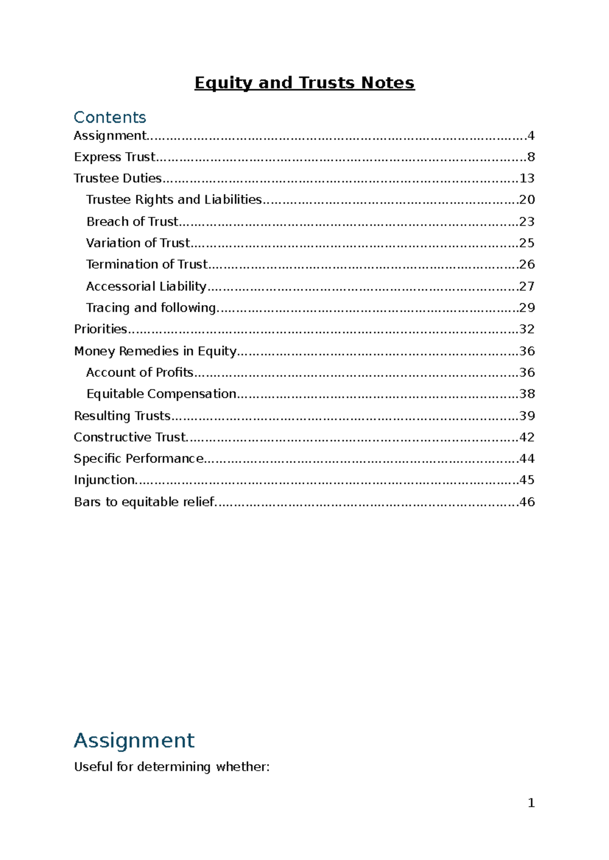 Equity and Trusts Notes - Equity and Trusts Notes Assignment - Studocu