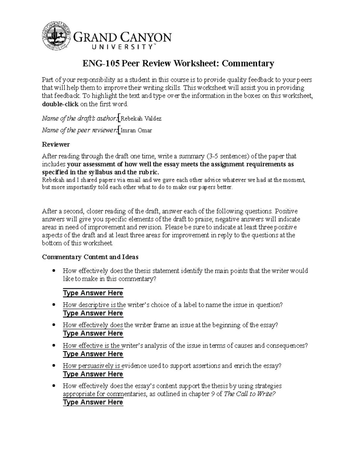 ENG105 Commentary Peer Review Worksheet - ENG-105 Peer Review Worksheet ...