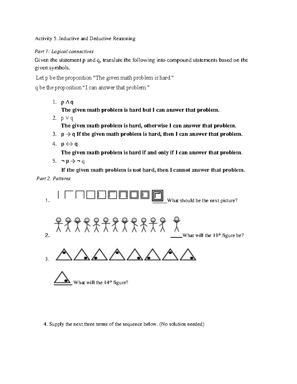 Inductive AND Deductive Reasoning Activity - Activity 5. Inductive and ...