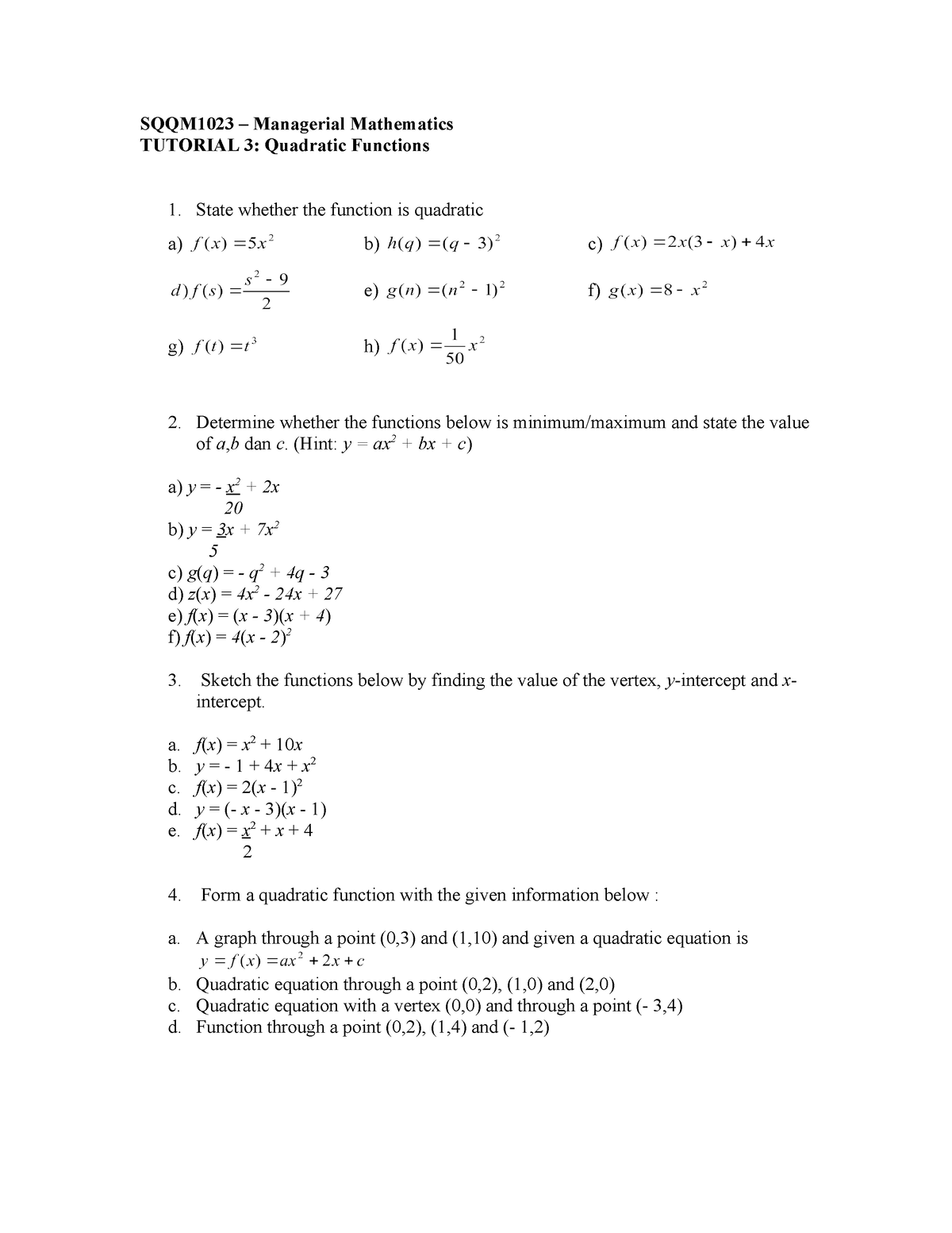 Tut-3 - Managerial math - SQQM1023 – Managerial Mathematics TUTORIAL 3 ...