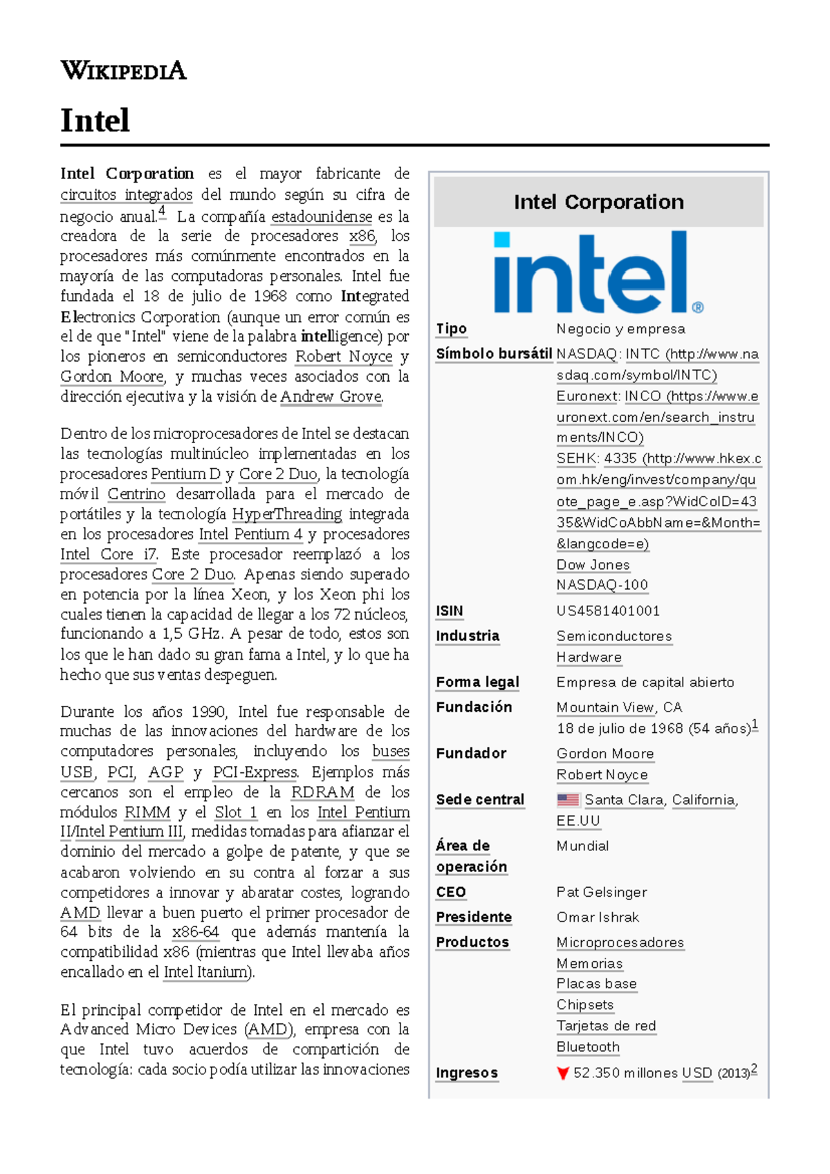 Intel - Historia Universal - Intel Corporation Tipo Negocio y empresa ...