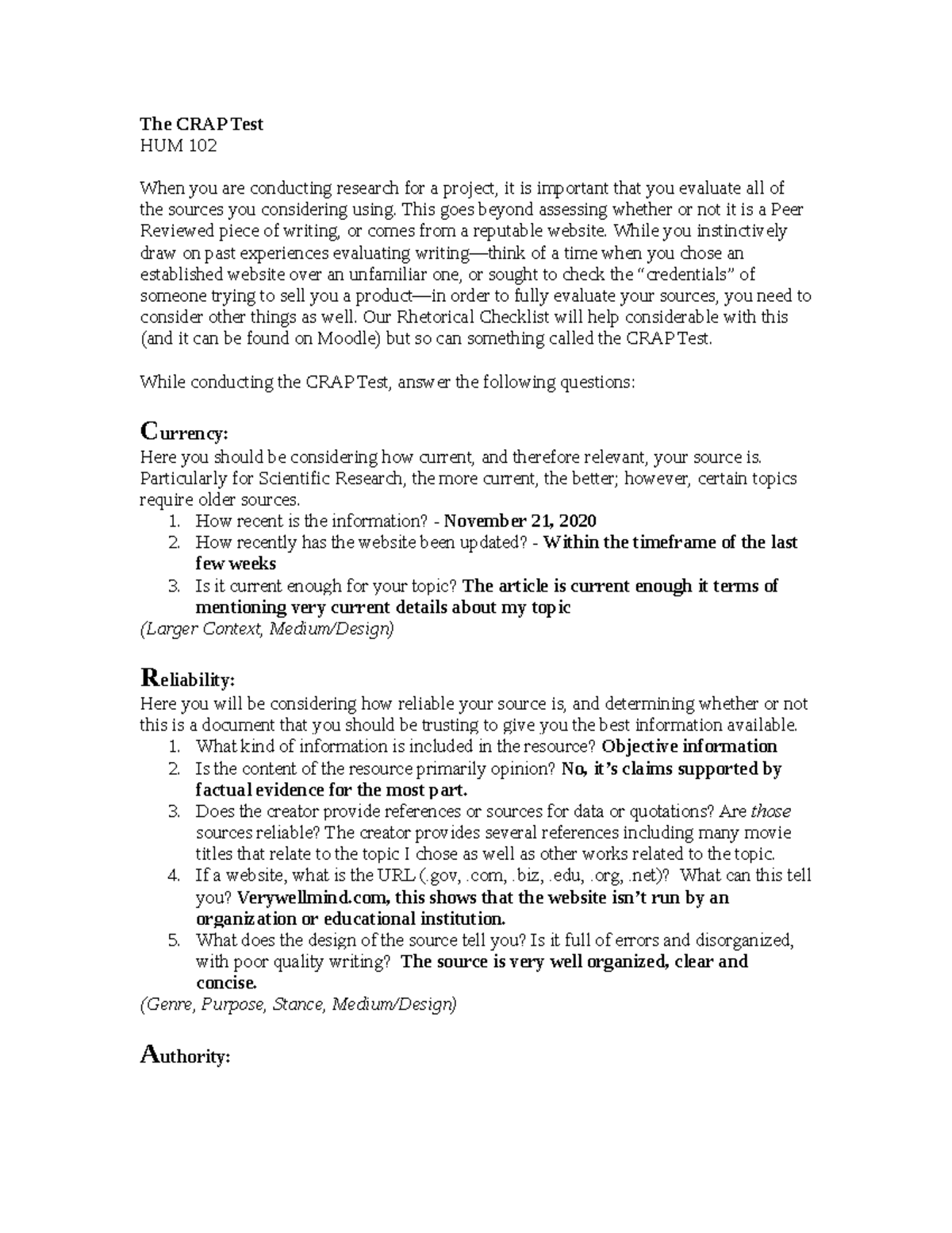 CRAP Test Crap Test Assignment The CRAP Test HUM 102 When you are