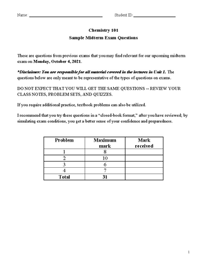 Sample Midterm Exam (Key) - Name: Student ID: 1 Chemistry 101 Sample ...