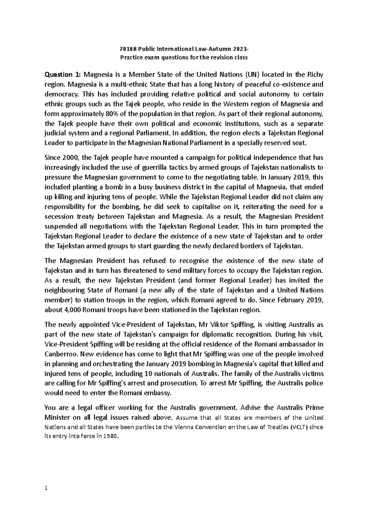 Revision question 2023 70108 Public International LawAutumn 2023 Practice exam questions for