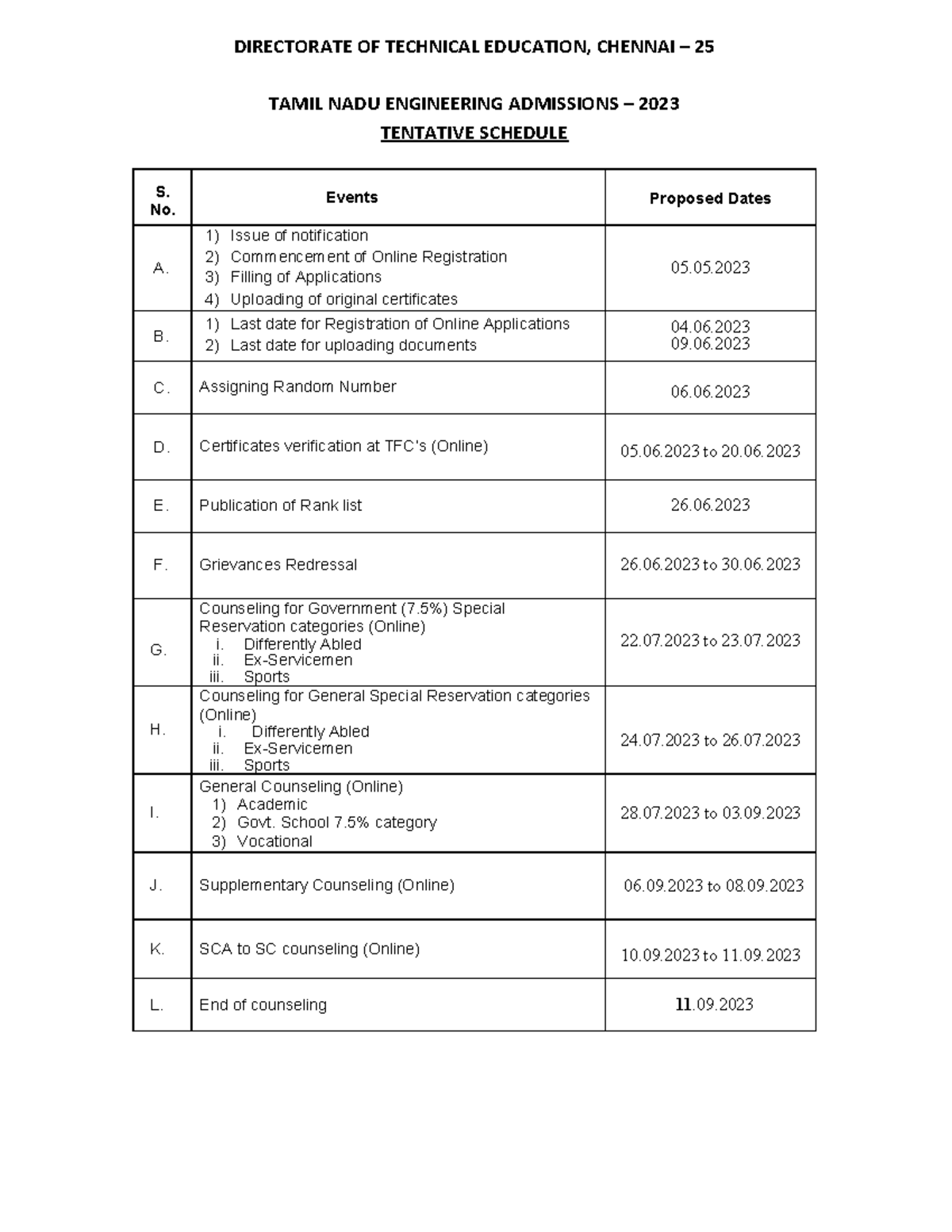 TNEA schedule 2023 - sss - DIRECTORATE OF TECHNICAL EDUCATION, CHENNAI ...