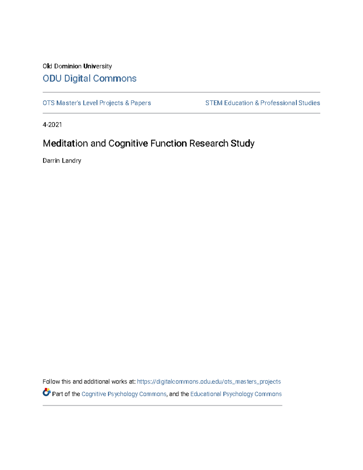 Meditation and Cognitive Function Research Study - Old Dominion ...