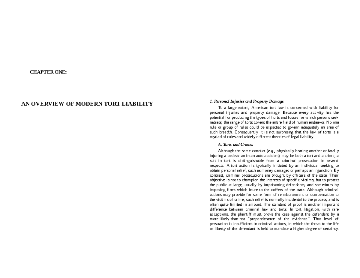 Tort 1 Tort Chapter One An Overview Of Modern Tort Liability