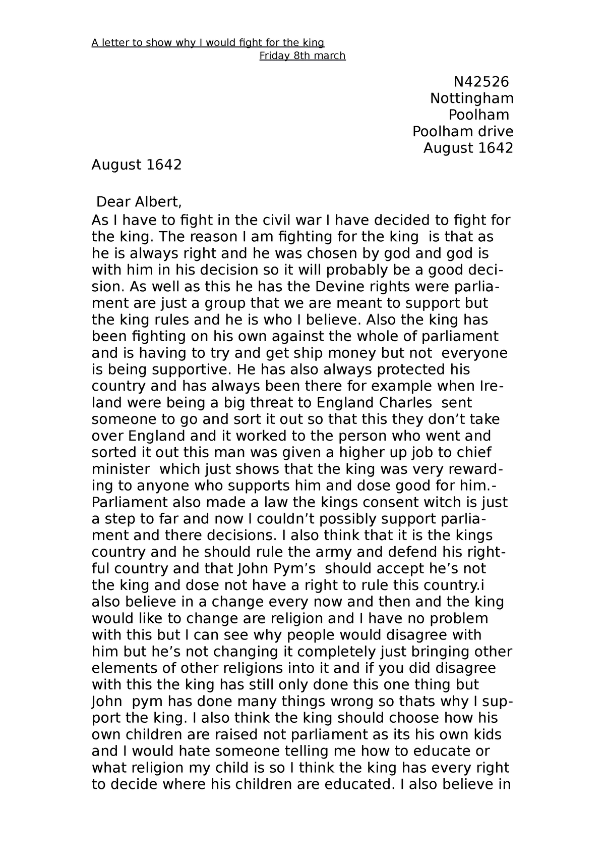 History why i would fight for the king letter - A letter to show why I ...