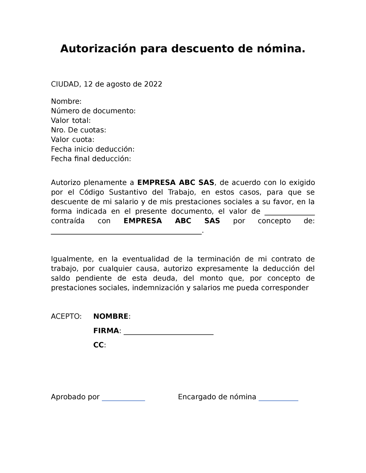 Formato Autorizacion Descuento Nómina Autorización Para Descuento De Nómina Ciudad 12 De 7145