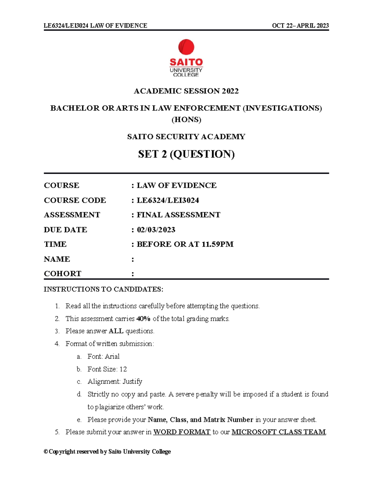 SET 2 Q. Evidence LAW Final Assessment 40 QU Service Marketing SEGi Studocu