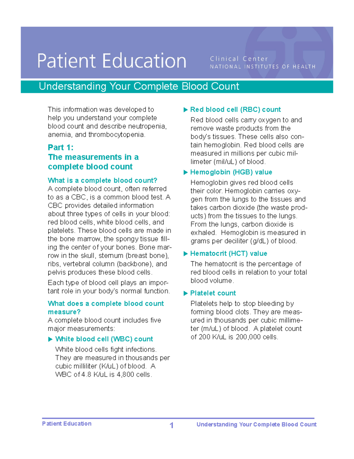 Patient Education - Understanding Your CBC - Center Institutes of ...