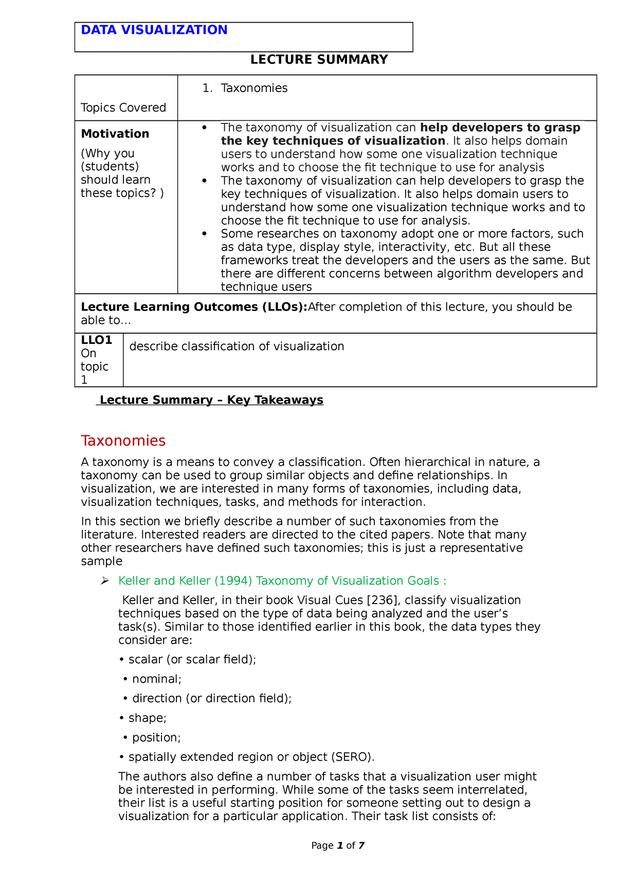 Taxonomies in Data visualization - LECTURE SUMMARY Topics Covered ...