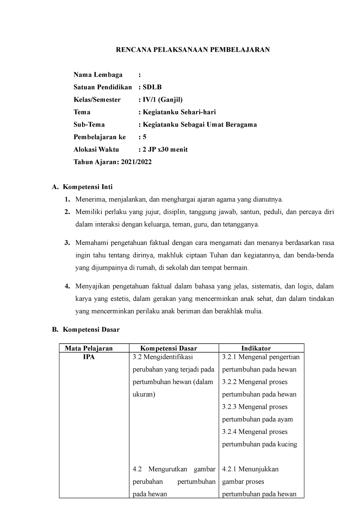 Rencana Pelaksanaan Pembelajaran Kelas 4 SDLB - RENCANA PELAKSANAAN ...