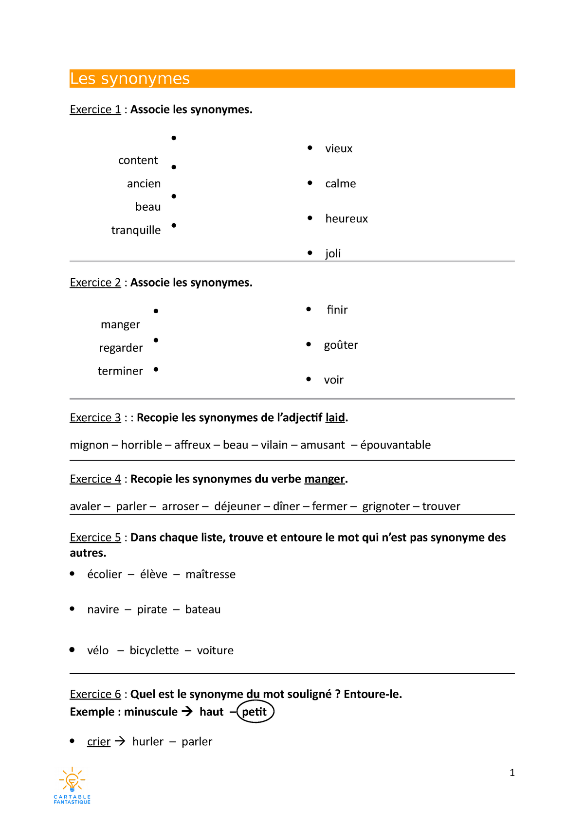 Les Synonymes Pour La Classe - Les Synonymes Exercice 1 : Associe Les ...