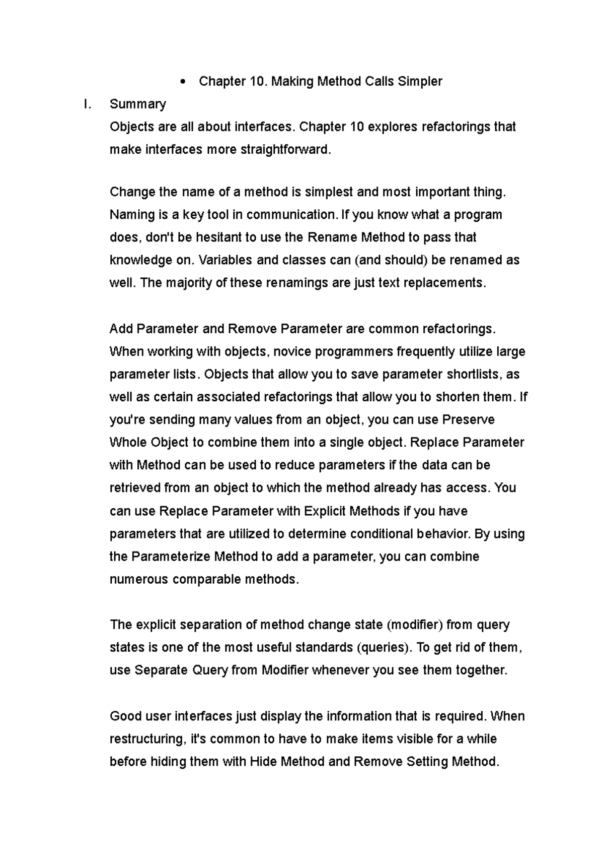 Chapter 10 - Good - Chapter 10. Making Method Calls Simpler I. Summary ...