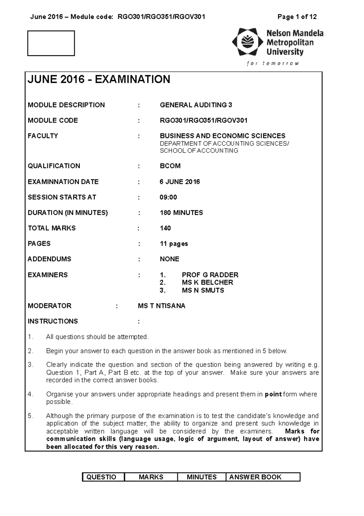 2016 RGO301 JUNE EXAM Q Paper Final - JUNE 2016 - EXAMINATION MODULE ...