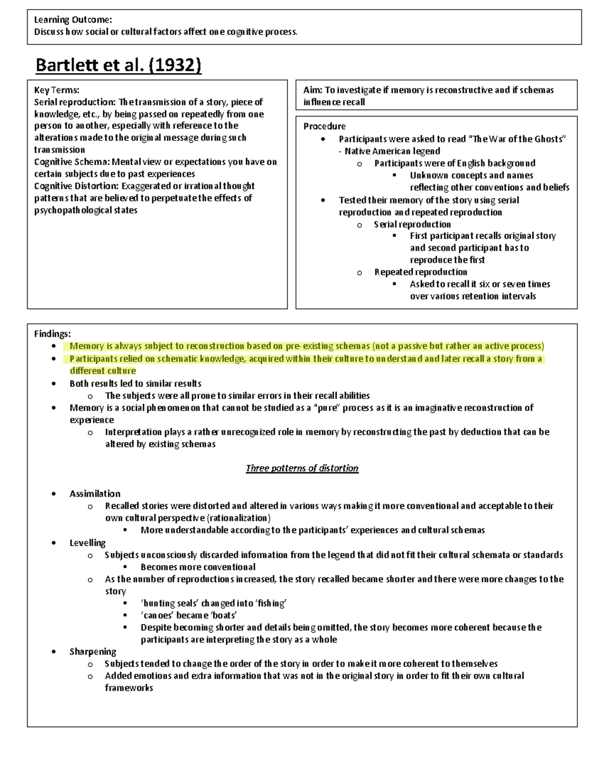 Bartlett 1932 - nlkk - Bartlett et al. (1932) Learning Outcome: Discuss ...