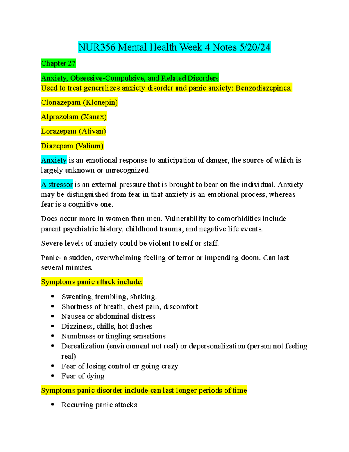 Mentalhealth Exam 2notesweek 4 - NUR356 Mental Health Week 4 Notes 5/20 ...