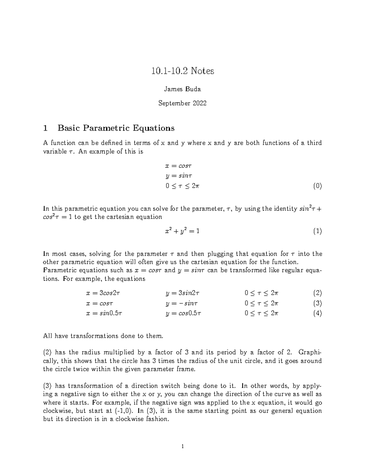 10 1 10 2 Notes - Parametric equations - 10.1-10 Notes James Buda ...
