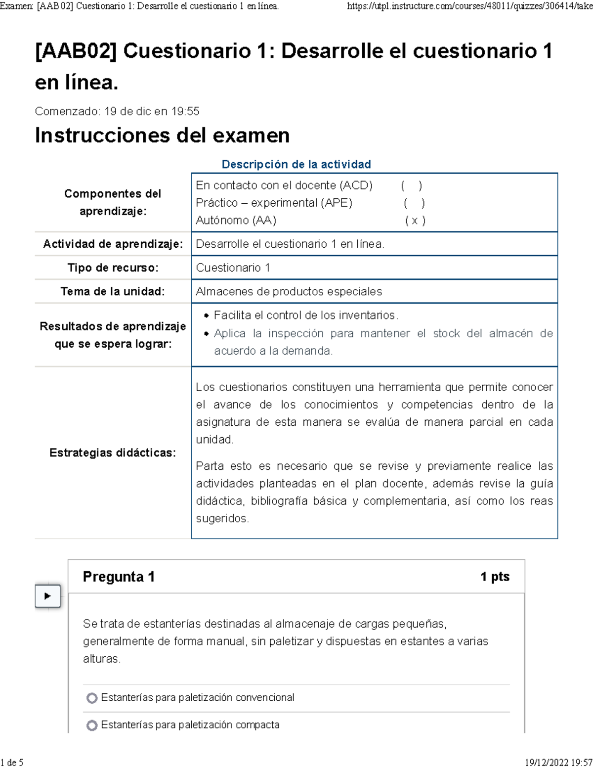 Examen [AAB02] Cuestionario 1 Desarrolle El Cuestionario 1 En Línea ...