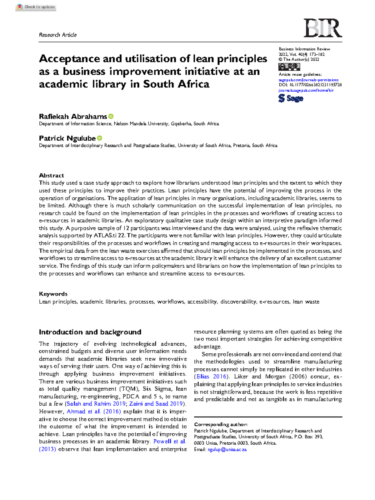 Abrahams ngulube 2023 acceptance and utilisation of lean principles as ...