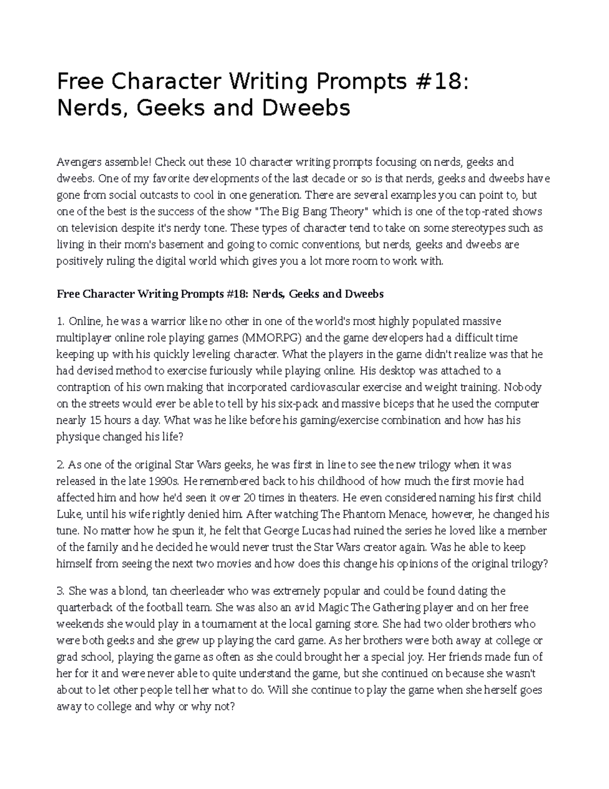 Nerds, Geeks and Dweebs - Free Character Writing Prompts #18: Nerds ...