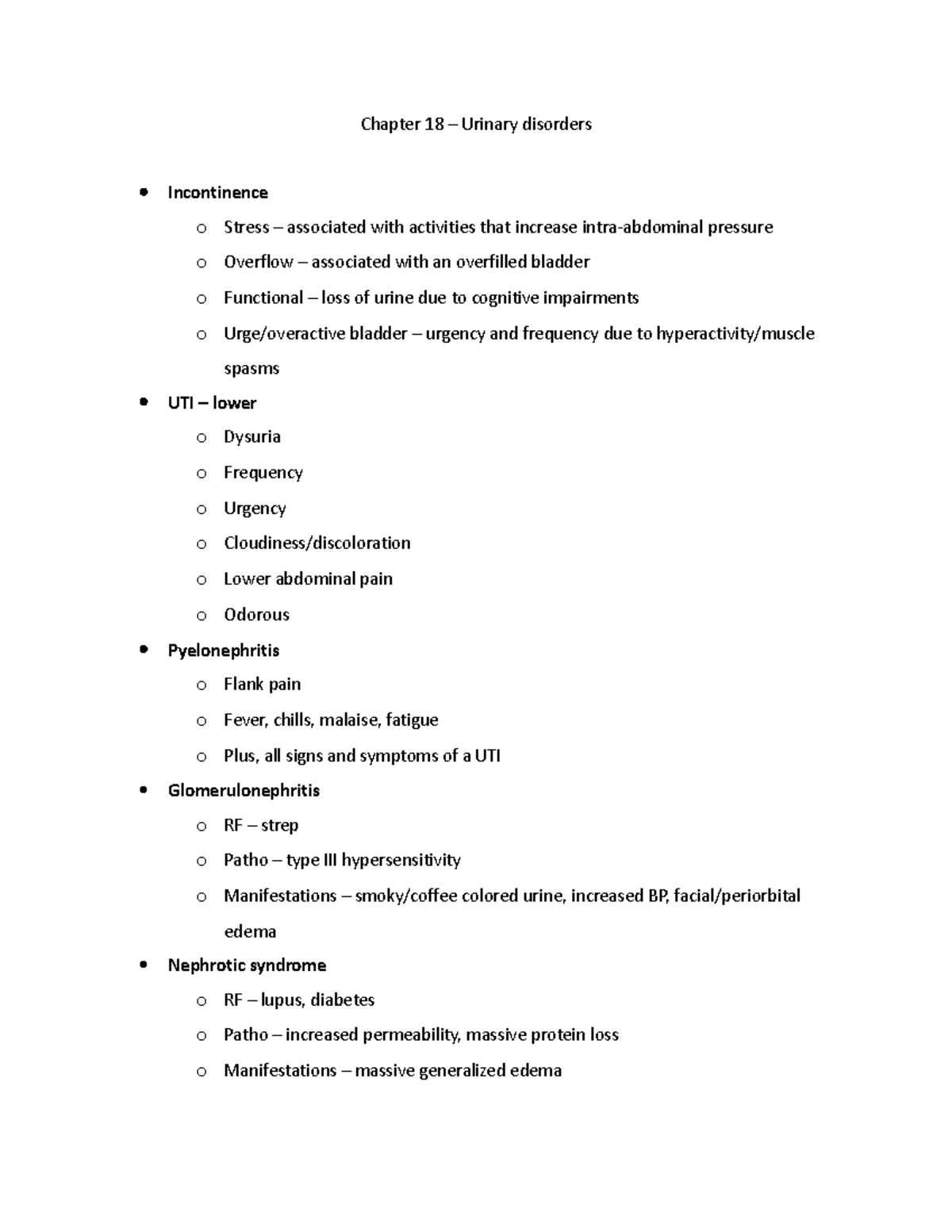 Chapter 18 - Chapter 18 – Urinary disorders Incontinence o Stress ...