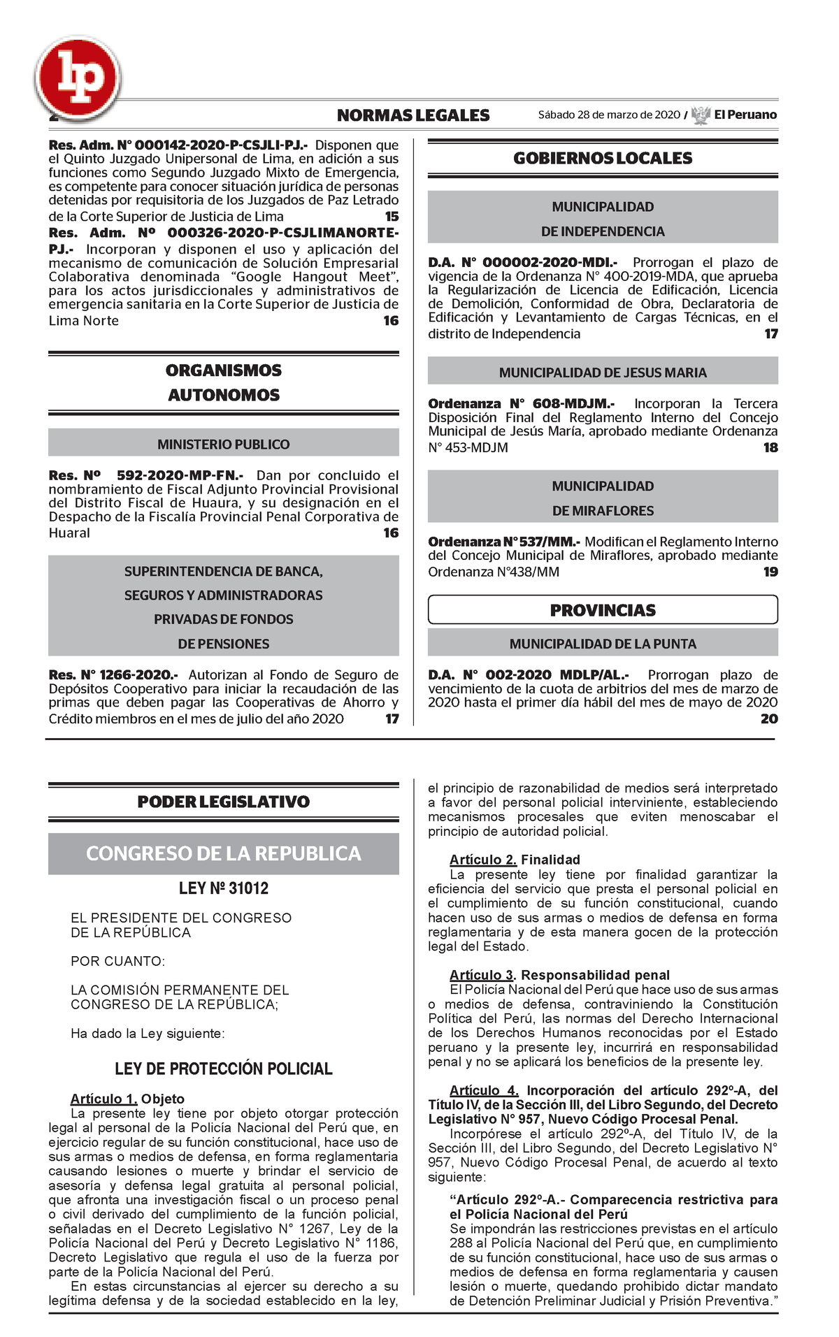 Ley 31012 Lima LPDerecho - 2 NORMAS LEGALES Sábado 28 De Marzo De 2020 ...