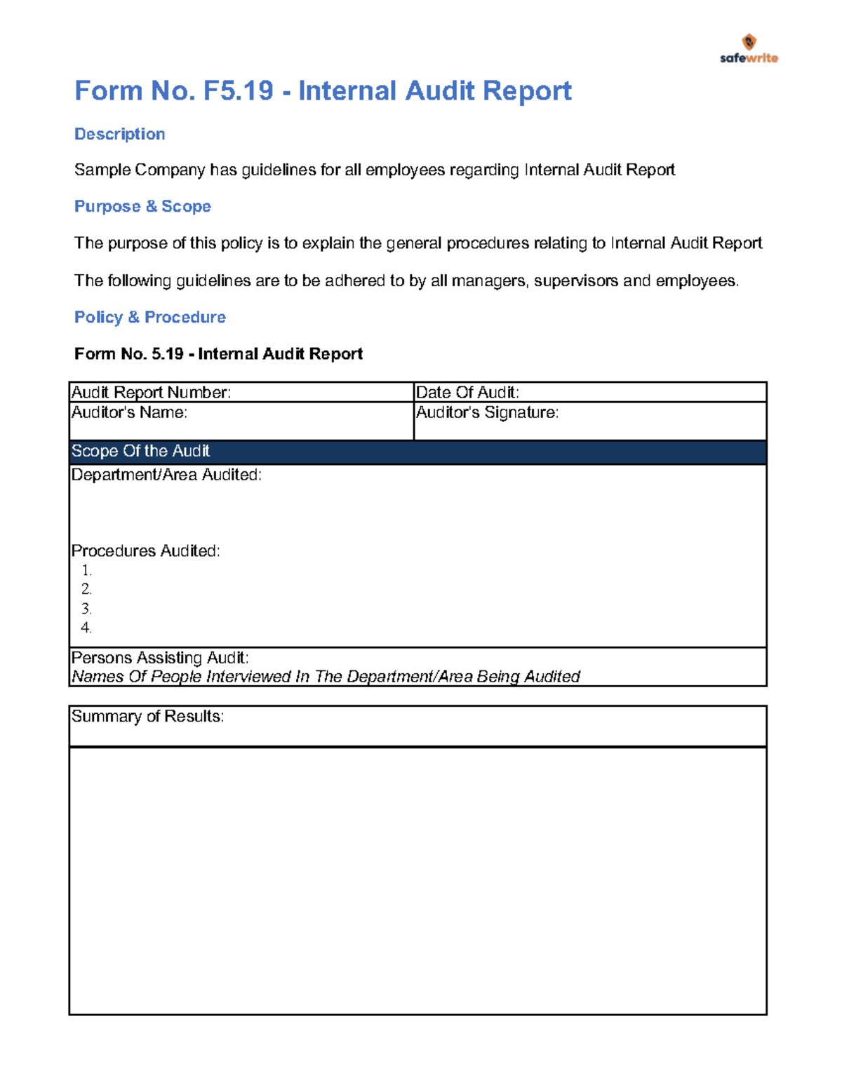 Internal-audit-report - Form No. F5 - Internal Audit Report Description 