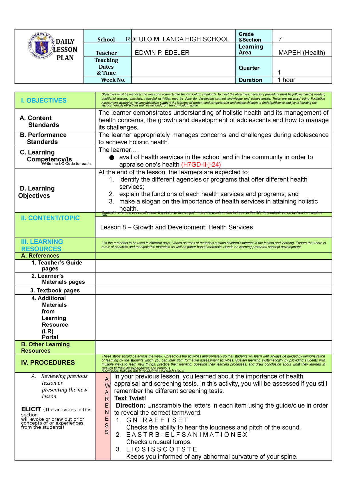 Q1 COT-LP Health 7 (Health Services) - DAILY LESSON PLAN School ROFULO ...