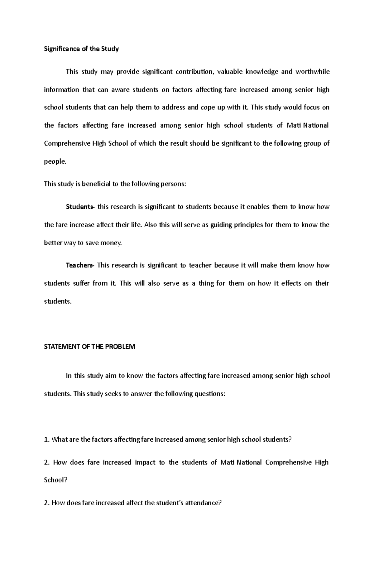 Significance of the study and Statement of the problem - Significance ...