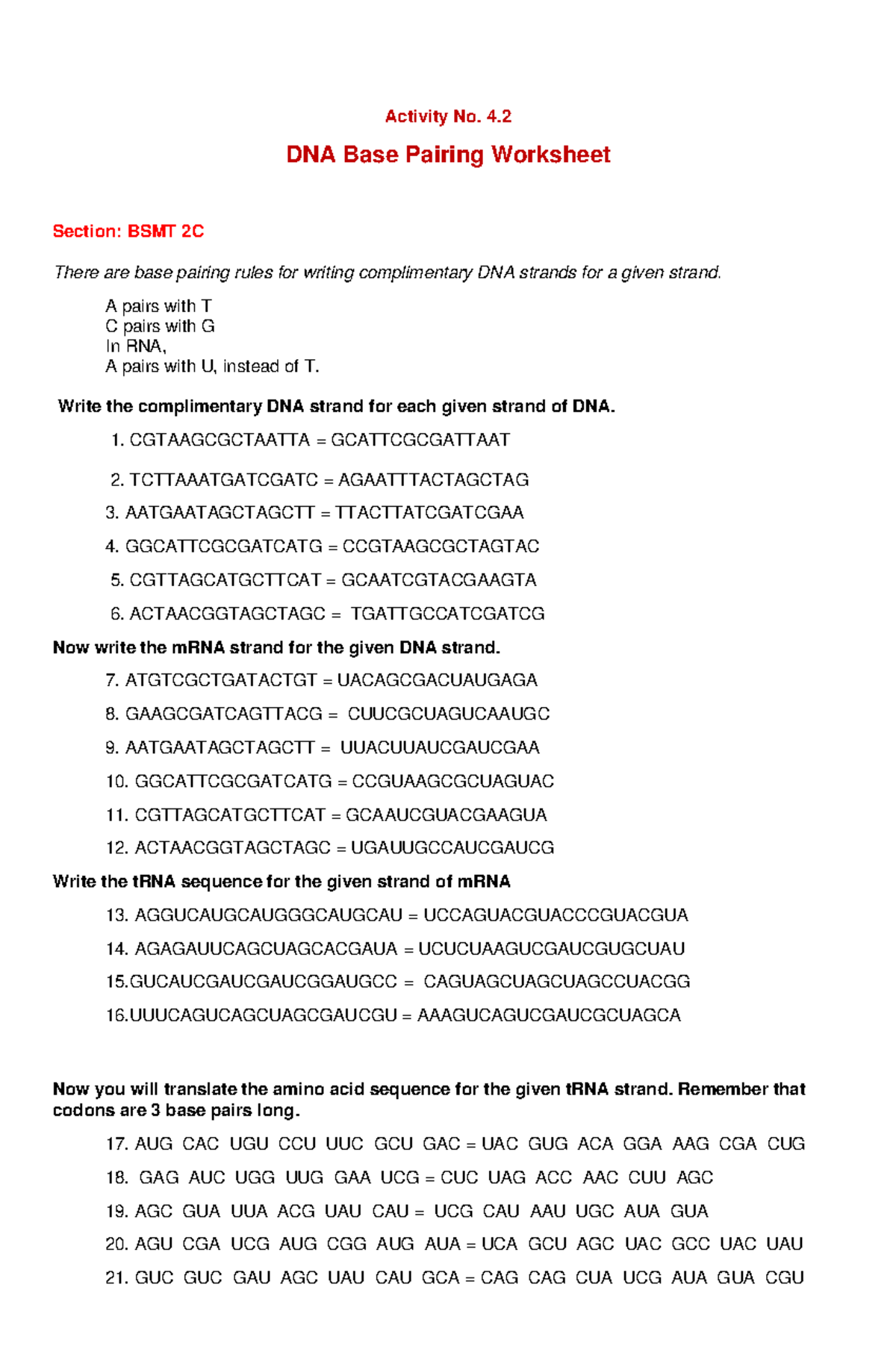 Activity No 4 2 DNA Base Pairing BIOCHEM ACTIVITY Activity No 4