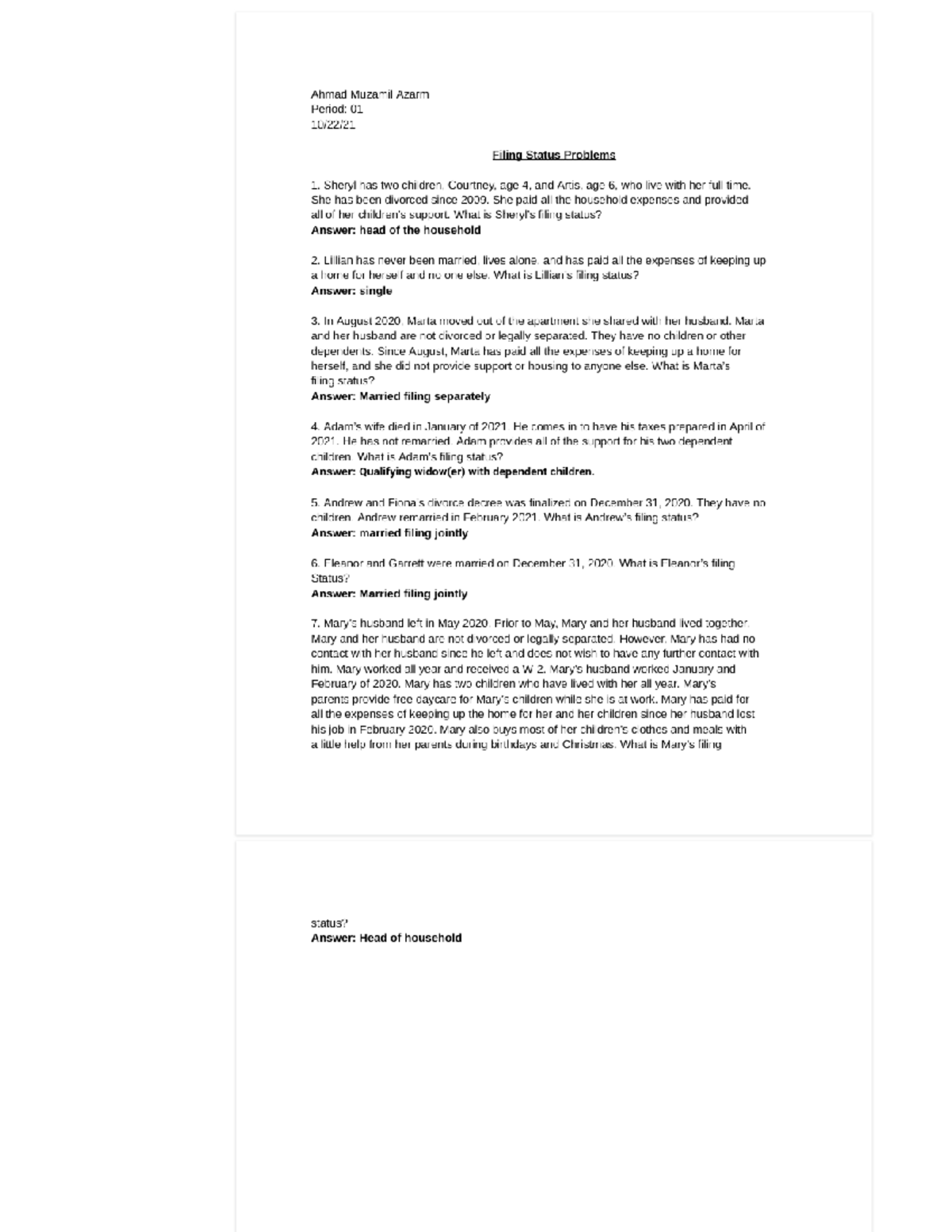 VITA Tax Filing Status Problems MAT4175 Studocu