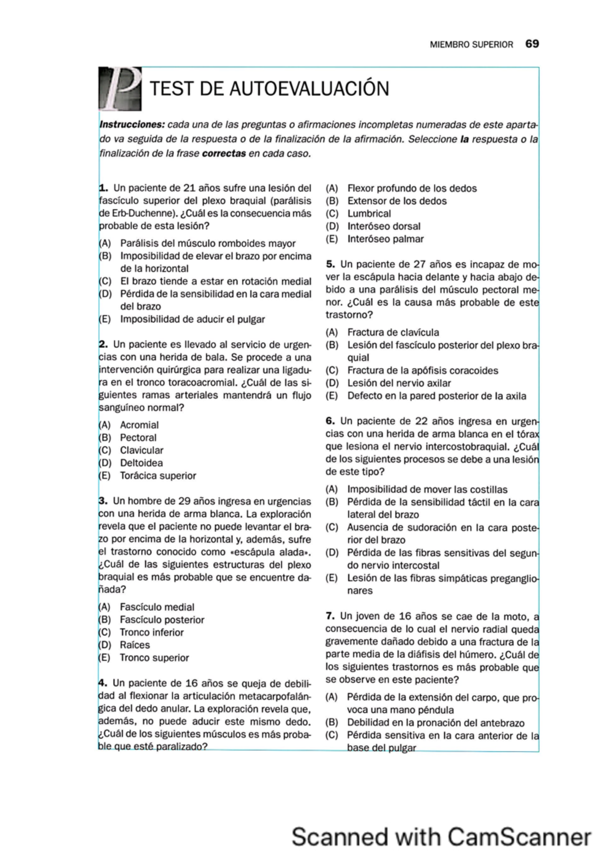 Examen miembro superior - MIEMBRO SUPERIOR 69 P TEST DE AUTOEVALUACIÓN ...