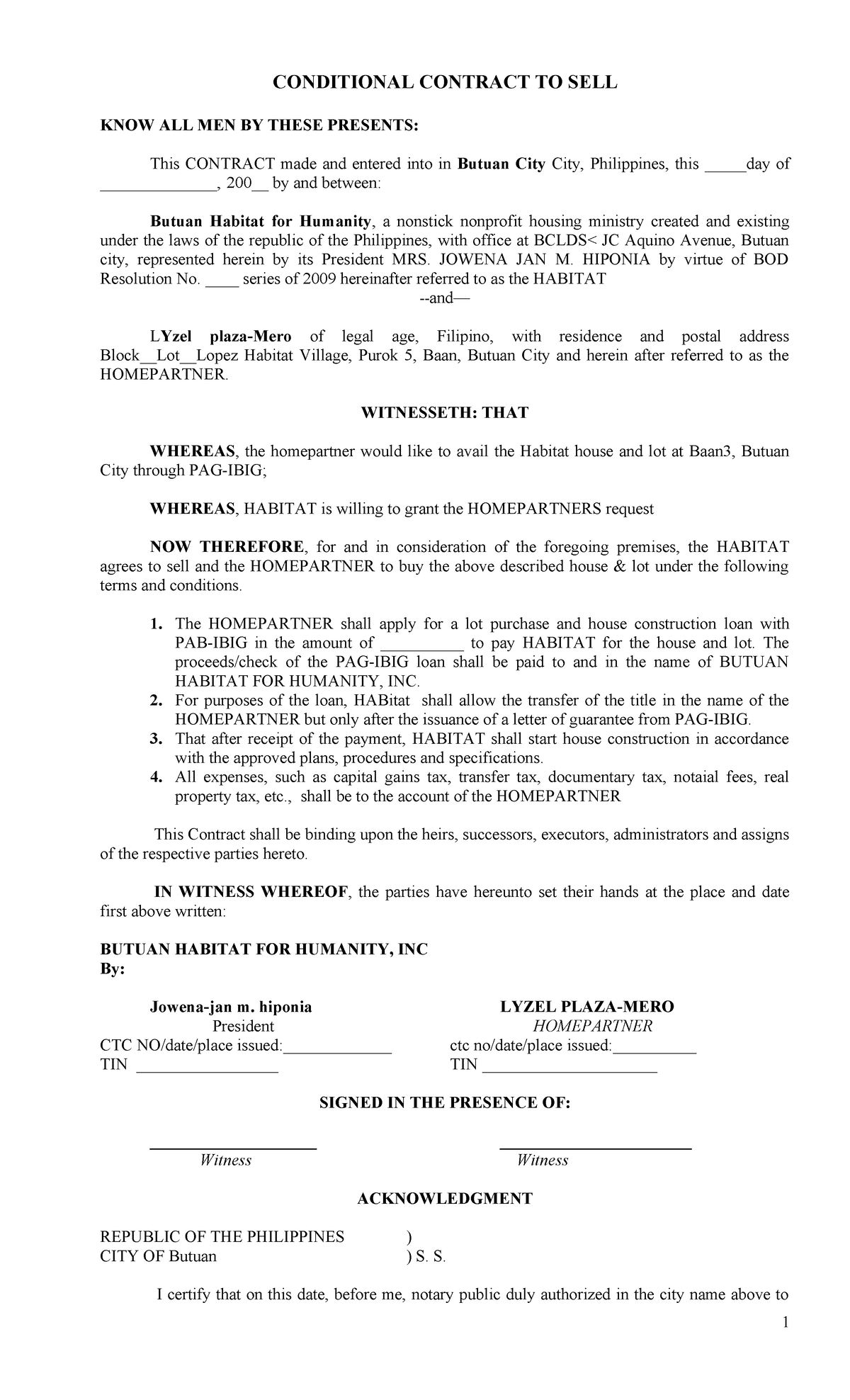 Pdfcoffee - PAGIBIG CONTRCAT TO SELL FORMAT - CONDITIONAL CONTRACT TO ...