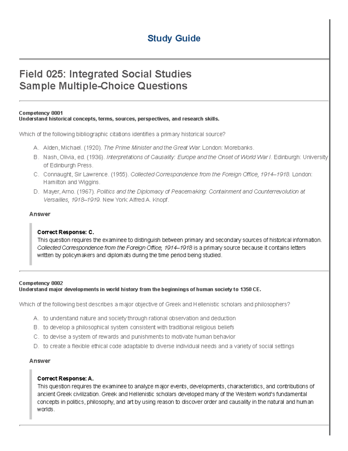 Study Guide Practice Test - Study Guide Field 025: Integrated Social ...