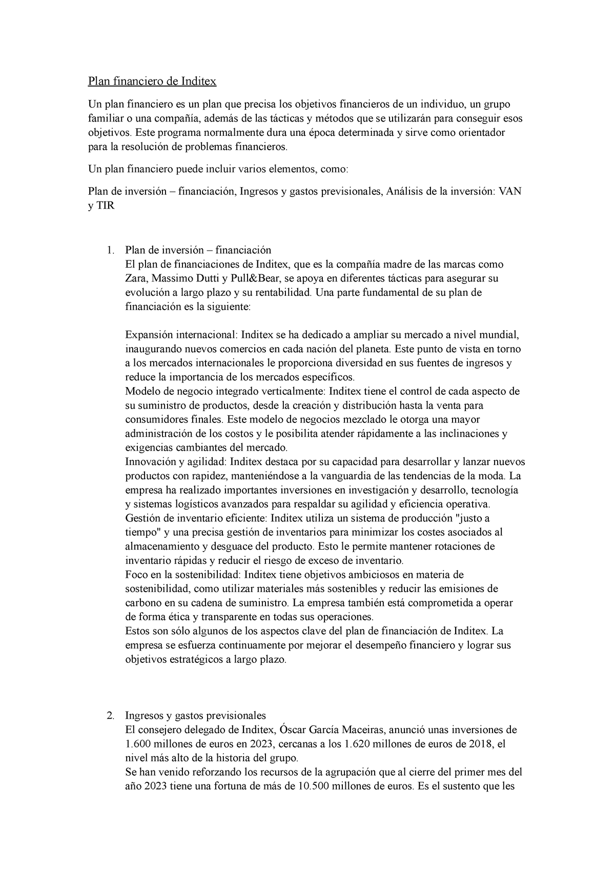 Plan de inversión Inditex - Plan financiero de Inditex Un plan ...