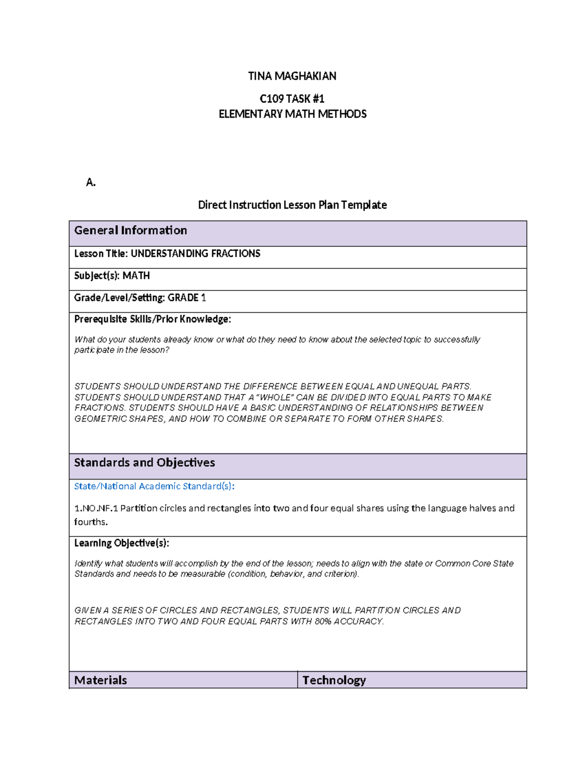 C109 TASK 1 - TINA MAGHAKIAN C109 TASK ELEMENTARY MATH METHODS A ...