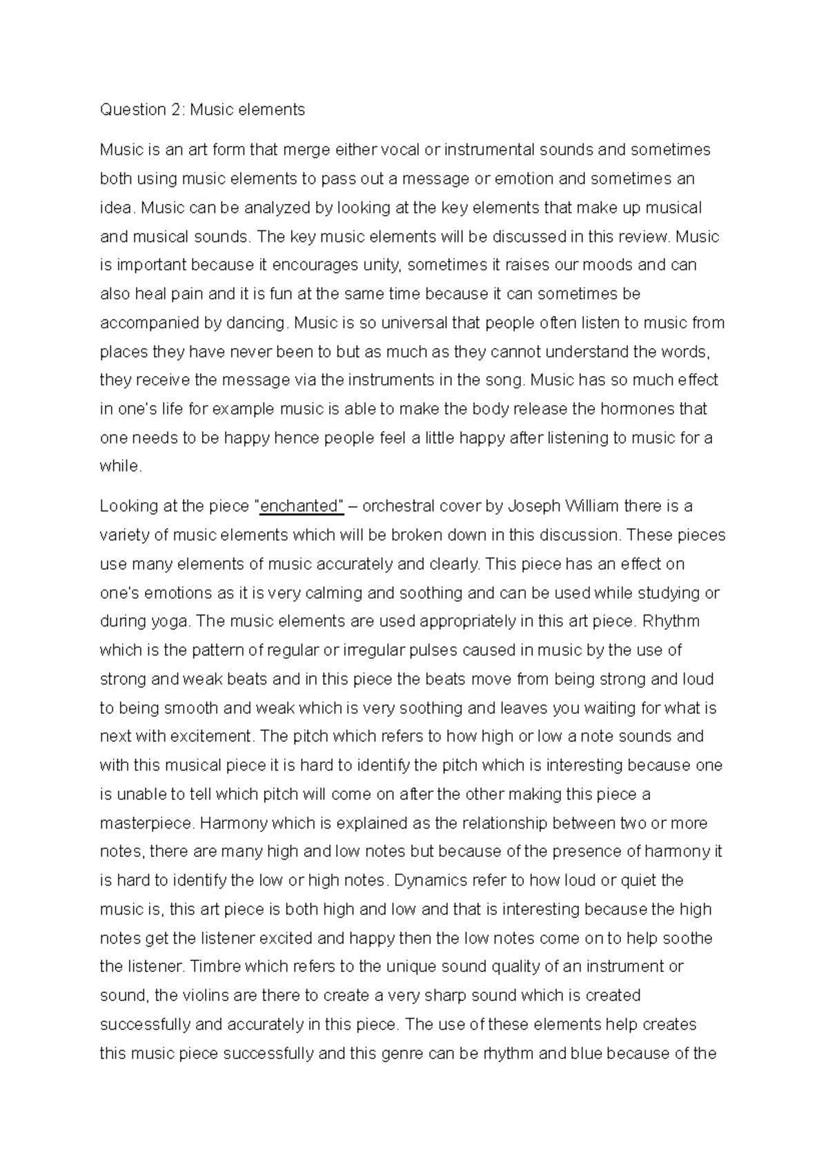 Creative ARTS Music Q2 - Questions - Question 2: Music elements Music ...