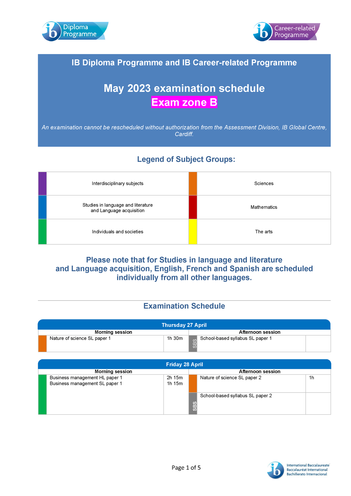 May 2023 examination schedule exam zone b IB Diploma Programme and IB