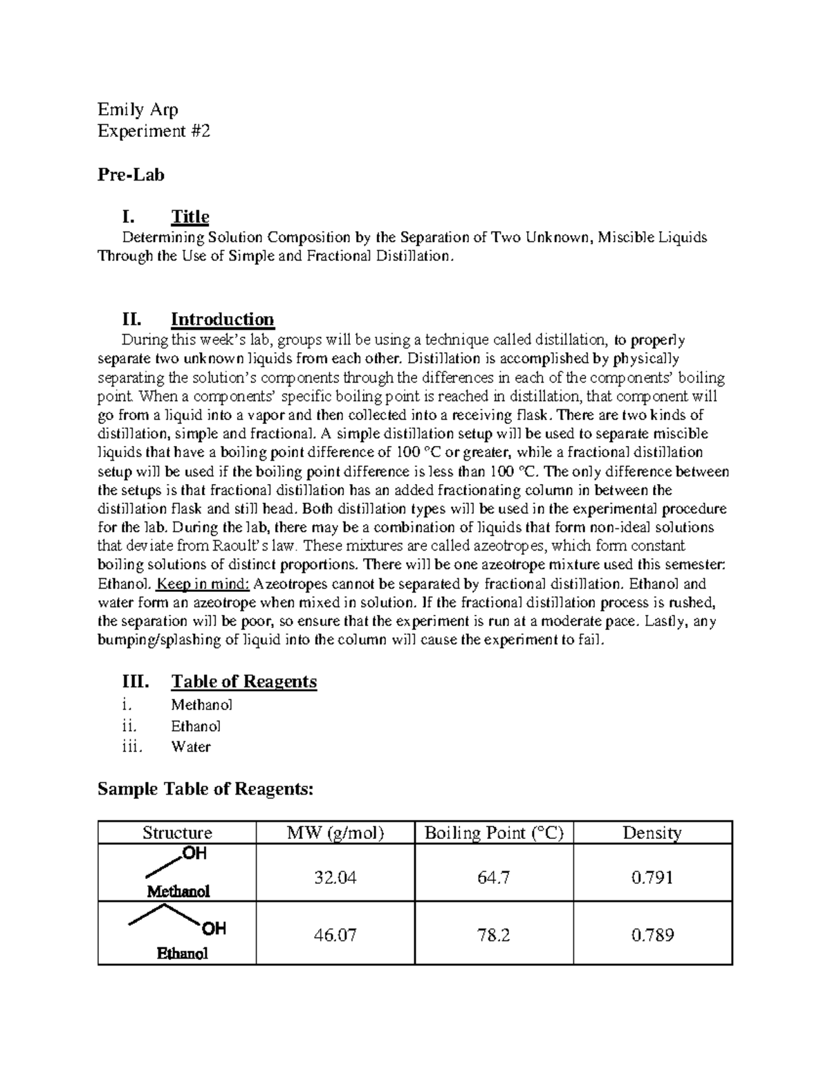Experiment 2 Simple and Fractional Distillation Determination of
