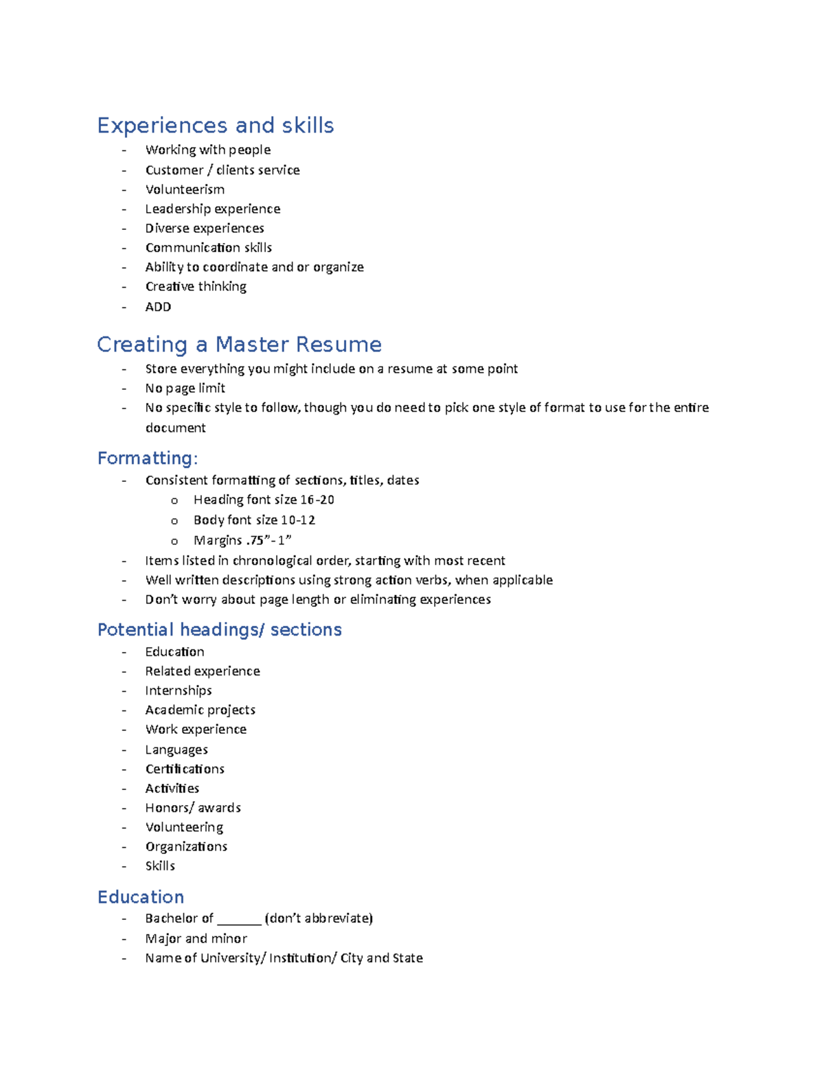 Professional Development Experiences and skills Working with people