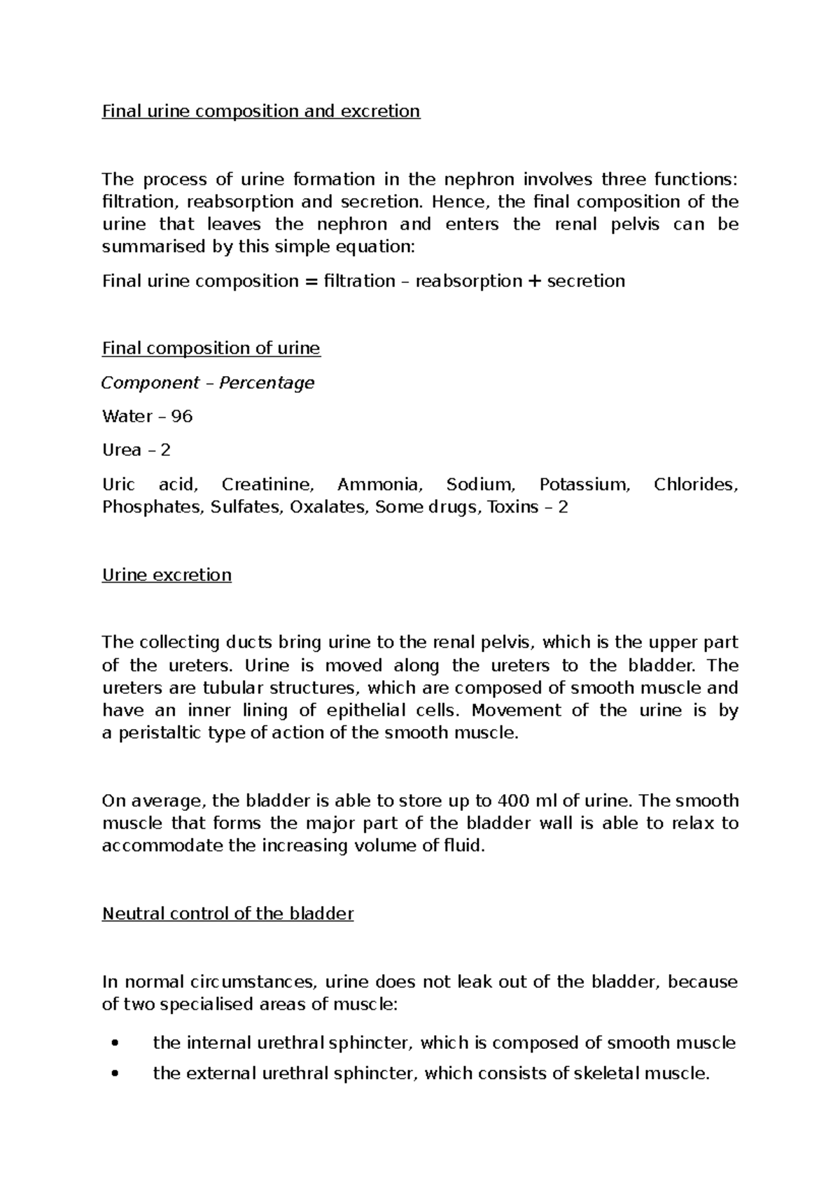 Final urine composition and excretion - Hence, the final composition of ...