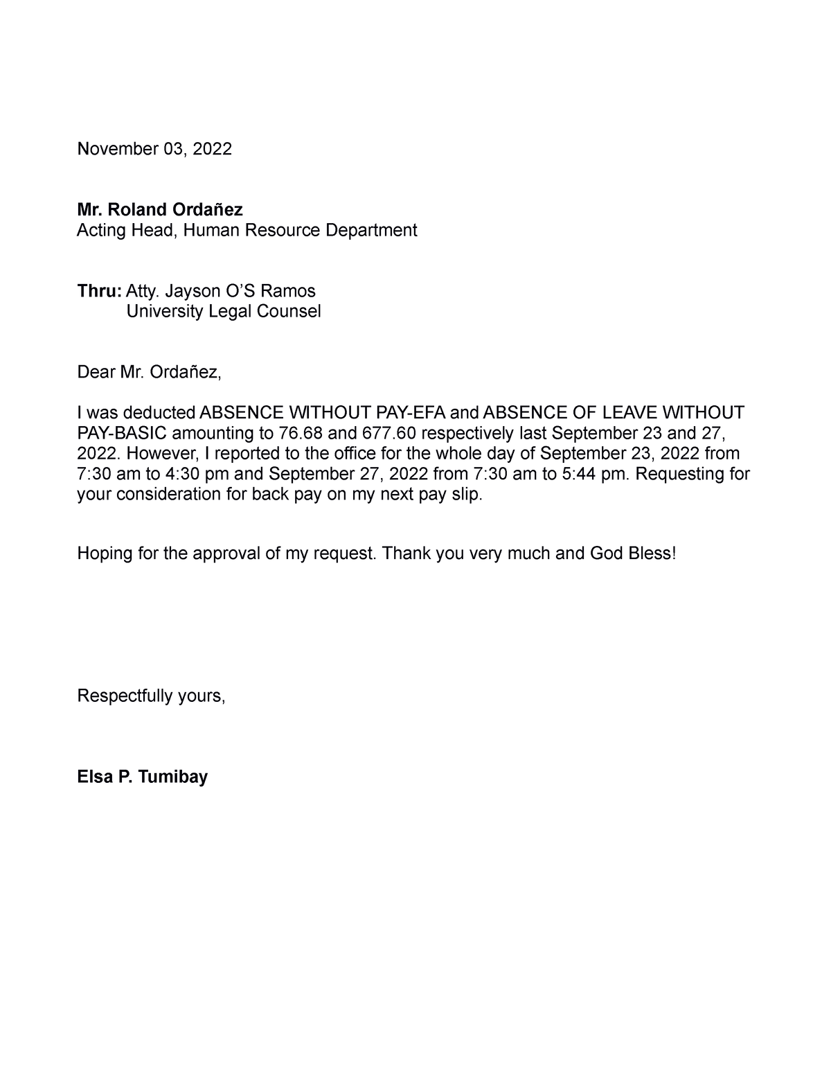 Hr-letter - Letter - November 03, 2022 Mr. Roland Ordañez Acting Head 