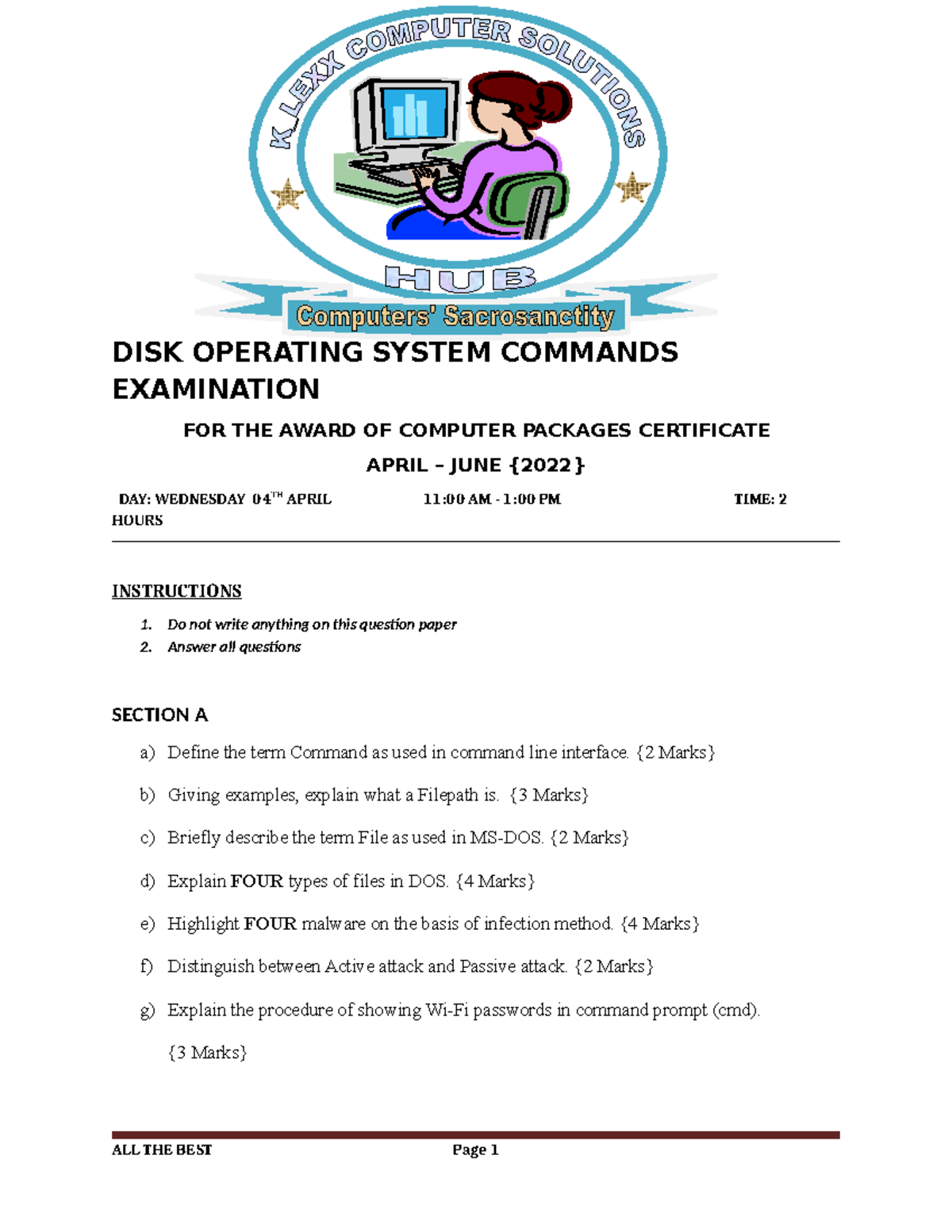 EXAM2 DOS Commands - new - DISK OPERATING SYSTEM COMMANDS EXAMINATION ...